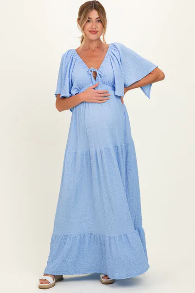 PinkBlush Light Blue Woven Textured Flutter Sleeve V-Neck Tiered Maternity Maxi Dress