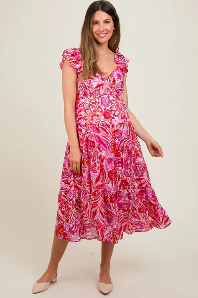 PinkBlush Fuchsia Floral Flutter Sleeve Maternity Dress