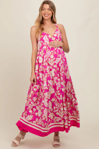 PinkBlush Fuchsia Floral Cutout Back Tie Maternity Maxi Dress