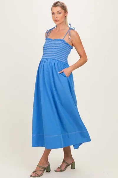 PinkBlush Blue Smocked Shoulder Tie Maternity Midi Dress