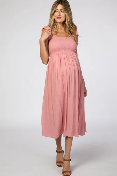 PinkBlush Pink Smocked Tie Strap Maternity Midi Dress