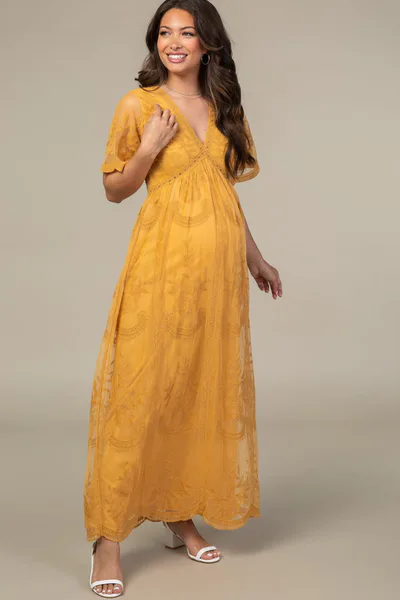 PinkBlush PinkBlush Mustard Lace Mesh Overlay Maternity Maxi Dress
