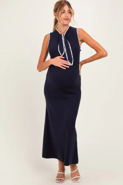 PinkBlush Navy Bow Knit Maternity Maxi Dress