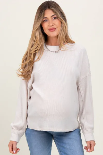 PinkBlush Beige Brushed Ribbed Knit Maternity Pullover