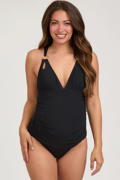 PinkBlush Black Ribbed V-Neck Ruched Criss Cross Low Back Maternity One Piece Swimsuit