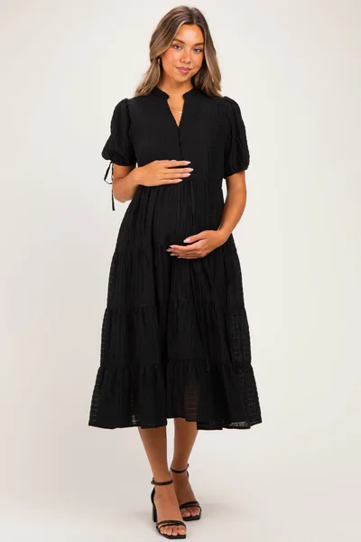 PinkBlush Black Drawstring Waist Tiered Maternity Midi Dress