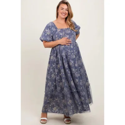 Target Pinkblush Navy Floral Mesh Square Neck Short Puff Sleeve Maternity Plus Midi Dress 2X