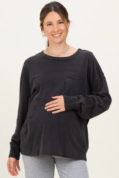 PinkBlush Black Oversized Washed Long Sleeve Pocket Maternity Top
