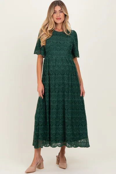 PinkBlush Forest Green Floral Lace Maternity Midi Dress
