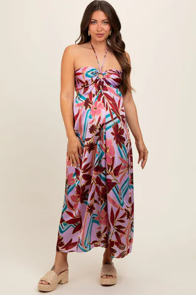 PinkBlush Lavender Floral Satin Halter Maternity Midi Dress