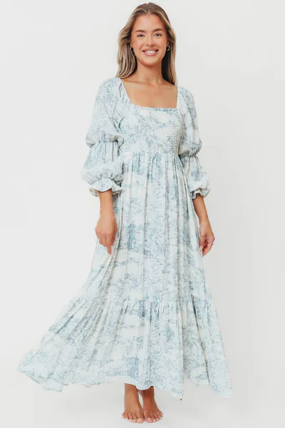 Worth Collective Emerson 100% Cotton Smocked Maxi Dress with Long Sleeves in Blue Toile - Bump Friendly