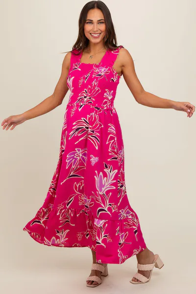 PinkBlush Fuchsia Floral Smocked Maternity Midi Dress