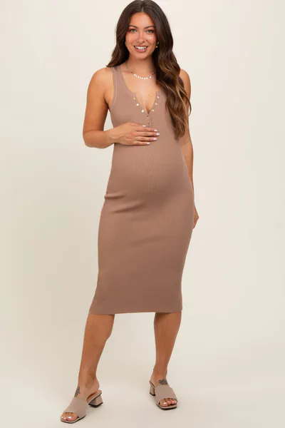PinkBlush Mocha Ribbed Fitted Sleeveless Snap Button Maternity Dress