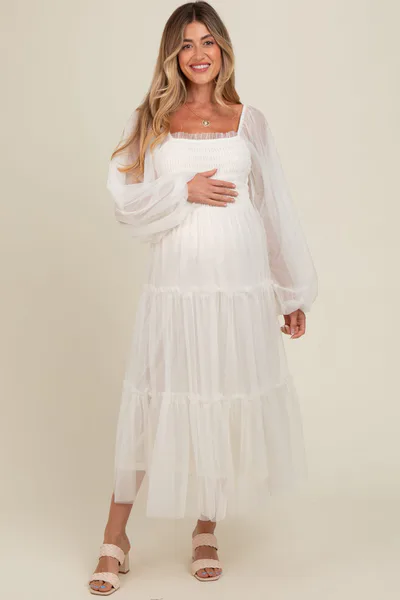PinkBlush Cream Mesh Tiered Long Sleeve Maternity Maxi Dress