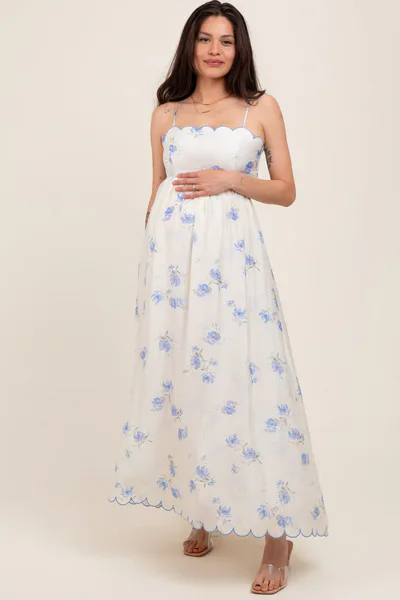PinkBlush Blue Floral Scallop Edge Back Cutout Maternity Maxi Dress