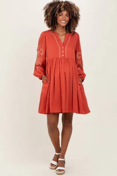 PinkBlush Rust Embroidered V-Neck Long Sleeve Maternity Dress