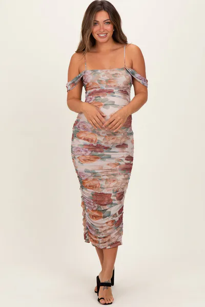 PinkBlush Taupe Floral Ruched Midi Maternity Dress