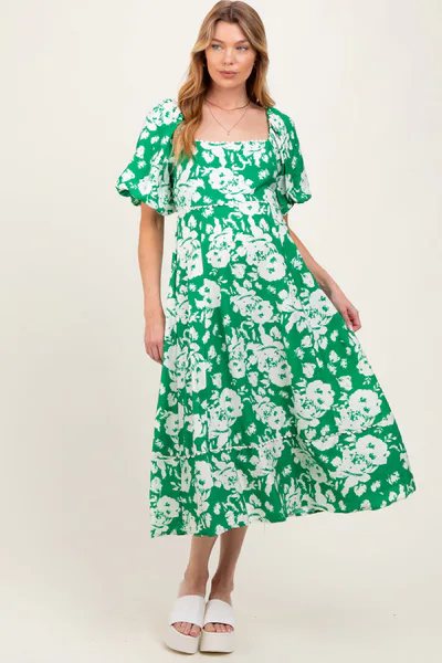 PinkBlush Green Floral Scallop Trim Puff Sleeve Maternity Midi Dress