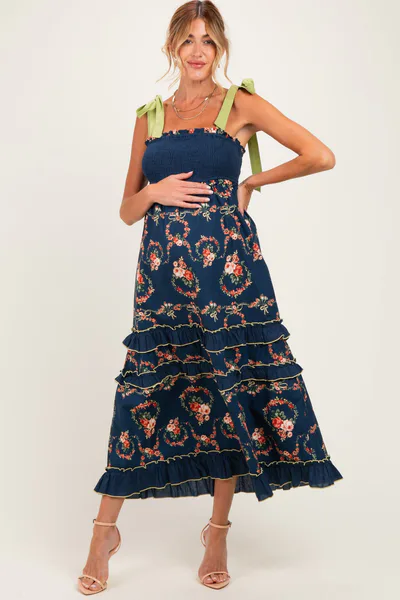 PinkBlush Navy Floral Smocked Shoulder Tie Tiered Maternity Maxi Dress