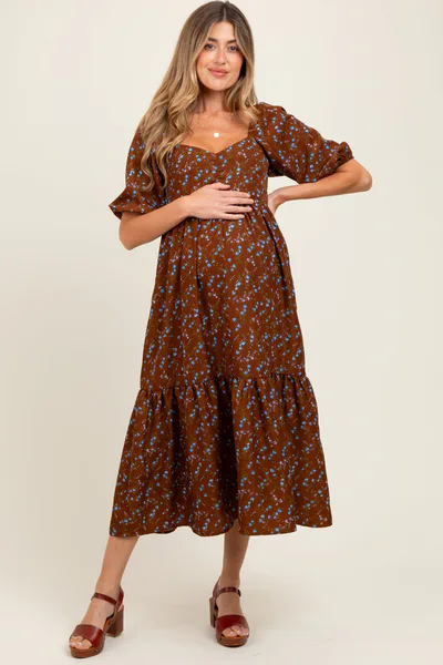 PinkBlush Mocha Floral Sweetheart Puff Sleeve Maternity Midi Dress