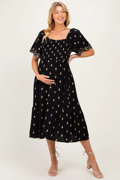 PinkBlush Black Smocked Embroidered Maternity Midi Dress