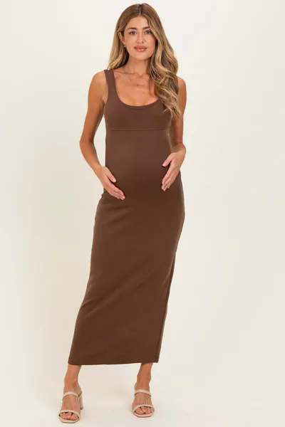 PinkBlush Brown Fitted Cutout Maternity Maxi Tank Dress