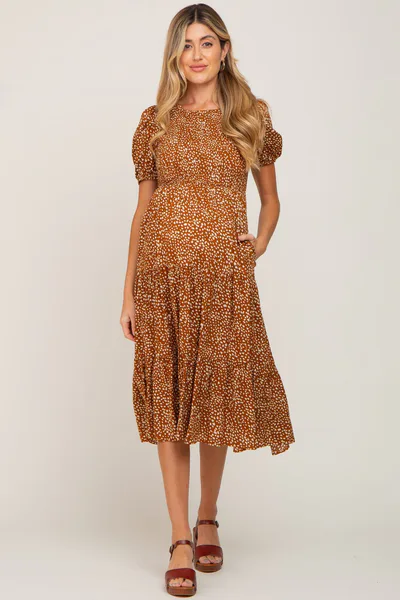 PinkBlush Rust Animal Print Smocked Maternity Midi Dress