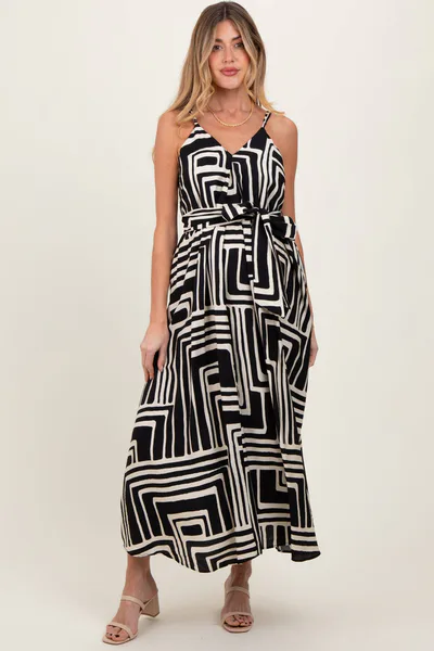PinkBlush Black Geometric Print Sash Tie Maternity Maxi Dress