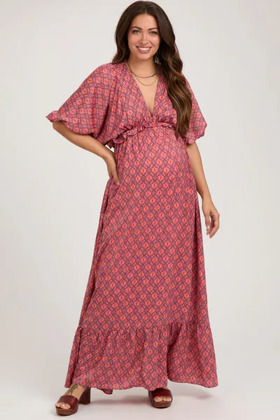 PinkBlush Orange Deep V-Neck Short Puff Sleeve Ruffle Maternity Maxi Dress