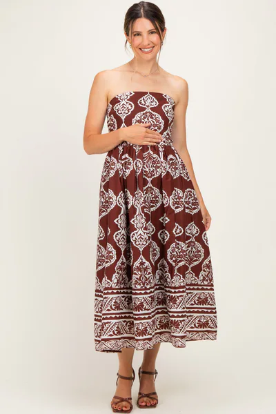 PinkBlush Chocolate Damask Strapless Maternity Midi Dress