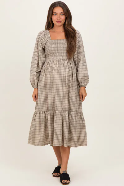 PinkBlush Beige Plaid Smocked Puff Sleeve Maternity Midi Dress