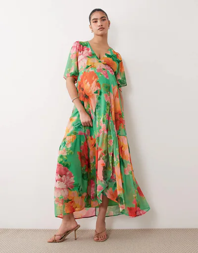 ASOS Hope & Ivy flutter sleeve tie waist maxi wrap dress in green floral