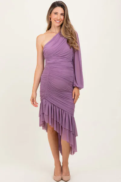 PinkBlush Lavender Mesh Ruched One Shoulder Asymmetric Maternity Dress