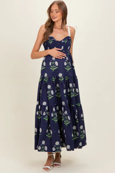 PinkBlush Navy Floral Sweetheart Neckline Smocked Maternity Maxi Dress