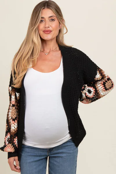 PinkBlush Black Sleeve Crochet Maternity Cardigan