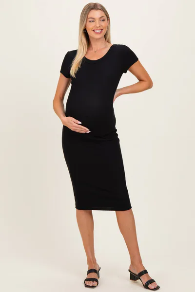 PinkBlush Black Ribbed Short Sleeve Maternity Midi Dress