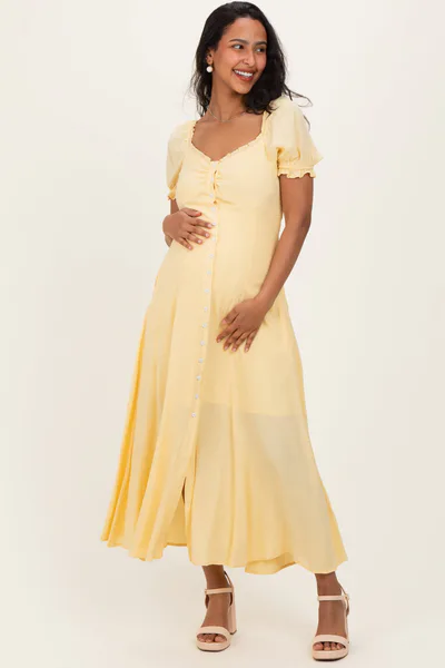 PinkBlush Lemon Button Down Ruffle Trim Maternity Maxi Dress