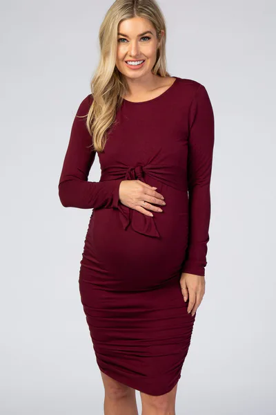 PinkBlush Burgundy Ruched Fitted Front Bow Maternity/Nursing Dress