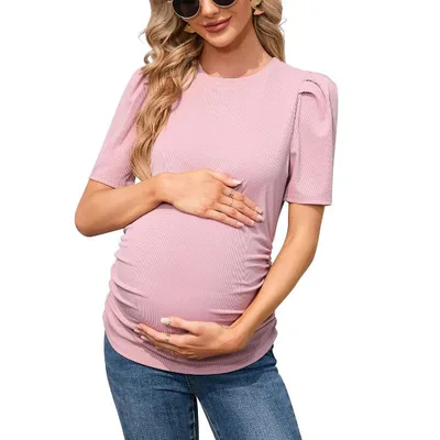 Target Maternity Shirts Women's Knit Ribbed Round Neck Puff Short Sleeve T-Shirt Pregnancy Casual Side Ruched Tunic Tee Tops Dusty Pink S