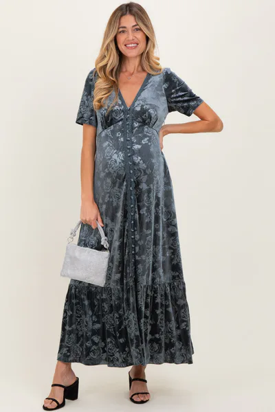 PinkBlush Blue Grey Velvet Floral Button Down Maternity Maxi Dress