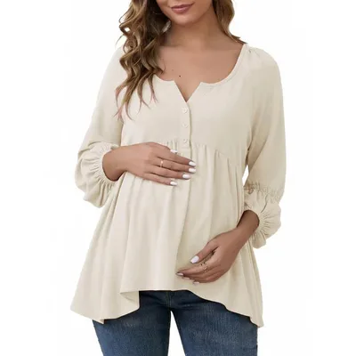Target INSPIRE CHIC Womens Maternity High Low Tops Lantern Sleeve Boho Babydoll Ruffled Flowy Long Sleeve Pregnancy Blouse Medium Beige