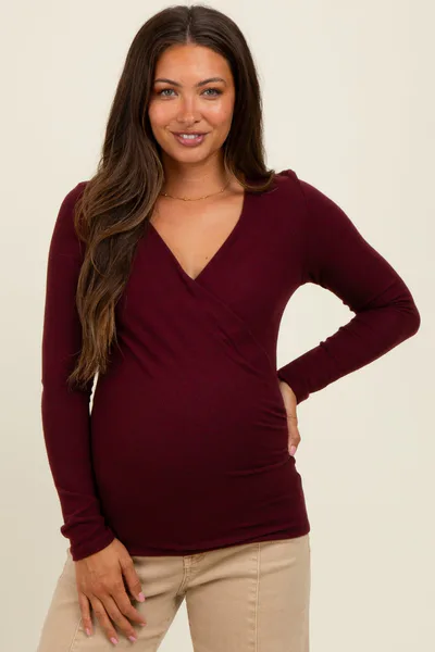 PinkBlush Burgundy Brushed Wrap Front Maternity Top