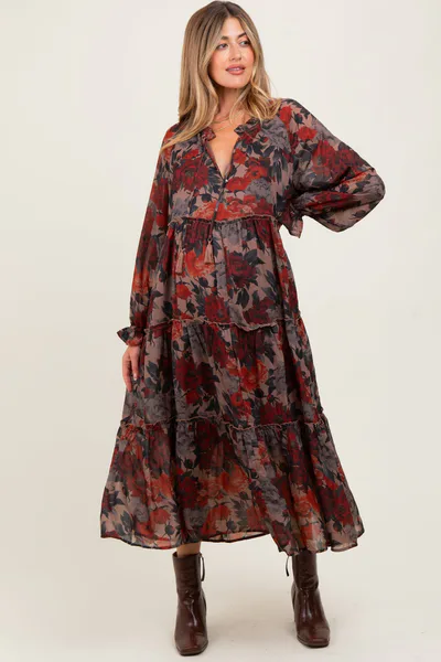 PinkBlush Beige Floral Chiffon Ruffle Tiered Maternity Midi Dress