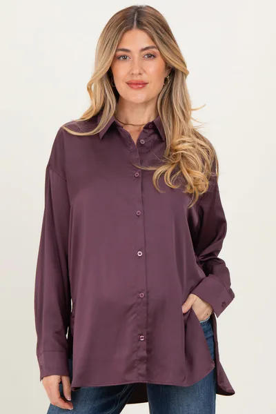 PinkBlush Burgundy Long Sleeve Oversized Satin Maternity Shirt