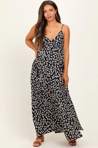 PinkBlush Black Floral V-Neck Maternity Maxi Dress