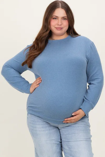 PinkBlush Blue Textured Ribbed Long Sleeve Maternity Plus Top
