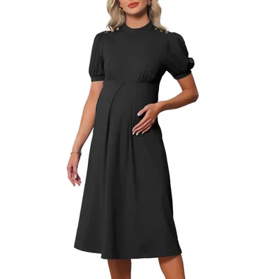 Target INSPIRE CHIC Women's Work Maternity Dresses Mock Neck Button Pleated Front Office A-Line Pregnancy Business Dress Small Black