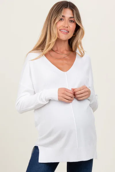 PinkBlush Ivory Front Seam V-Neck Side Slit Maternity Sweater