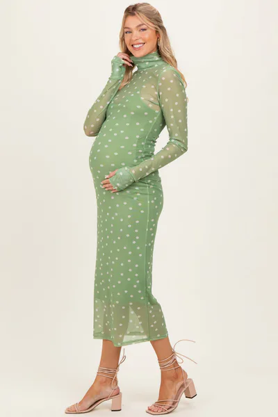 PinkBlush Kiwi Polka Dot Mesh Overlay Maternity Midi Dress
