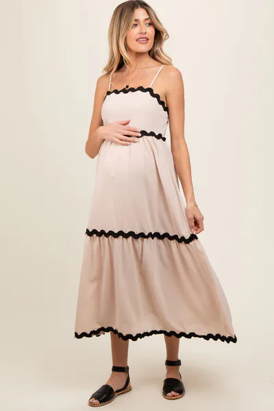 PinkBlush Beige Ric Rac Trim Tiered Maternity Midi Dress